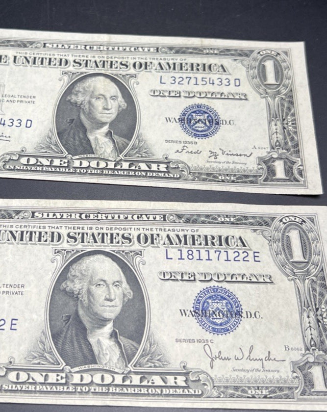 2 Note Set / Lot 1935 B & C $1 Blue Seal Silver Certificates CH VF Circ