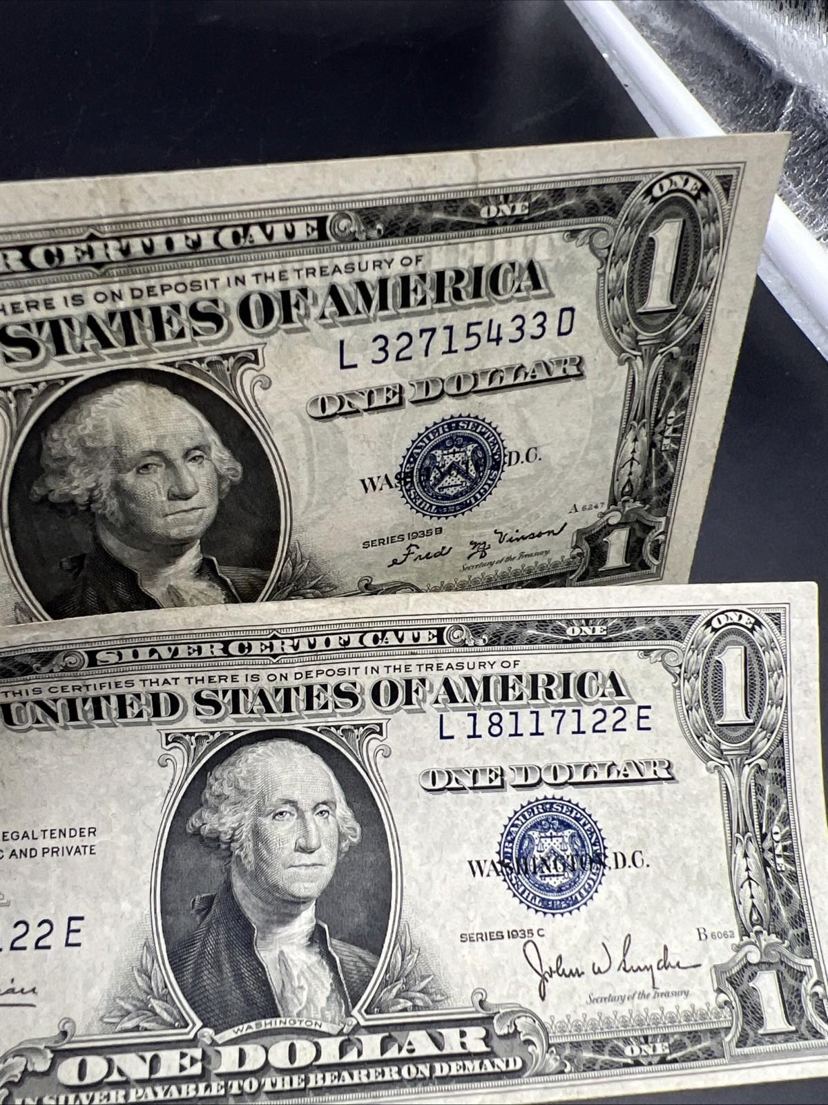 2 Note Set / Lot 1935 B & C $1 Blue Seal Silver Certificates CH VF Circ
