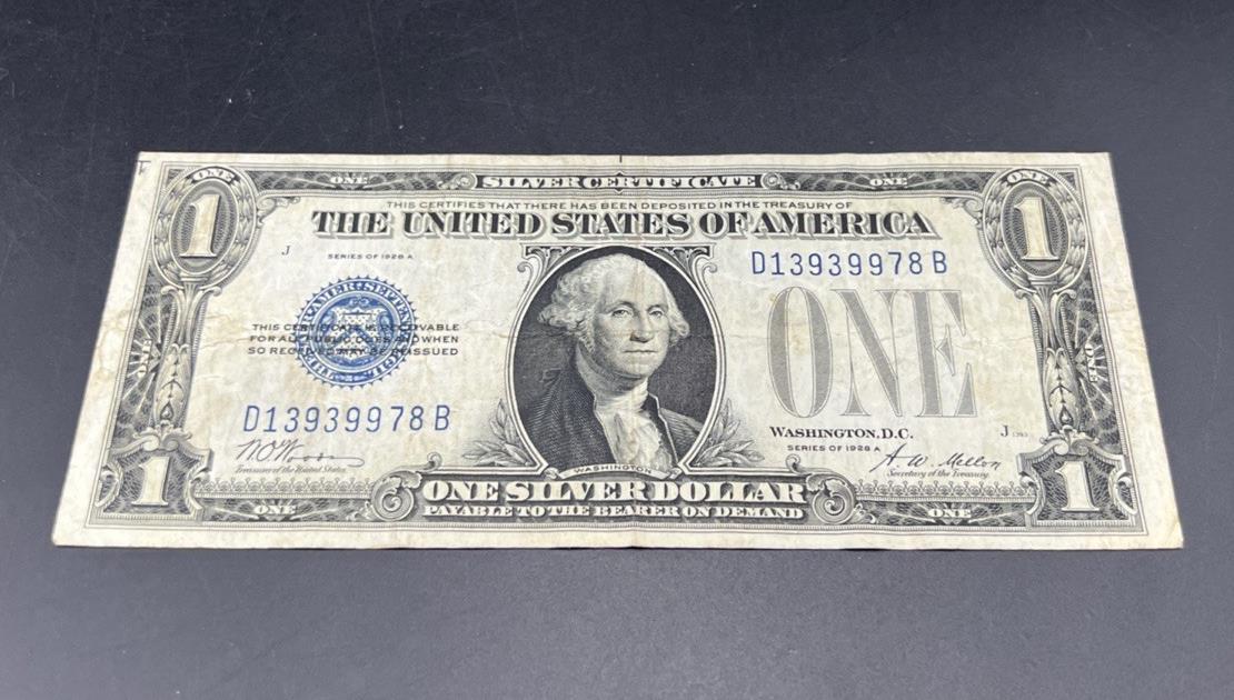 1928 A $1 One Dollar Funny Back US Silver Certificate Blue Seal Fine Circ #978