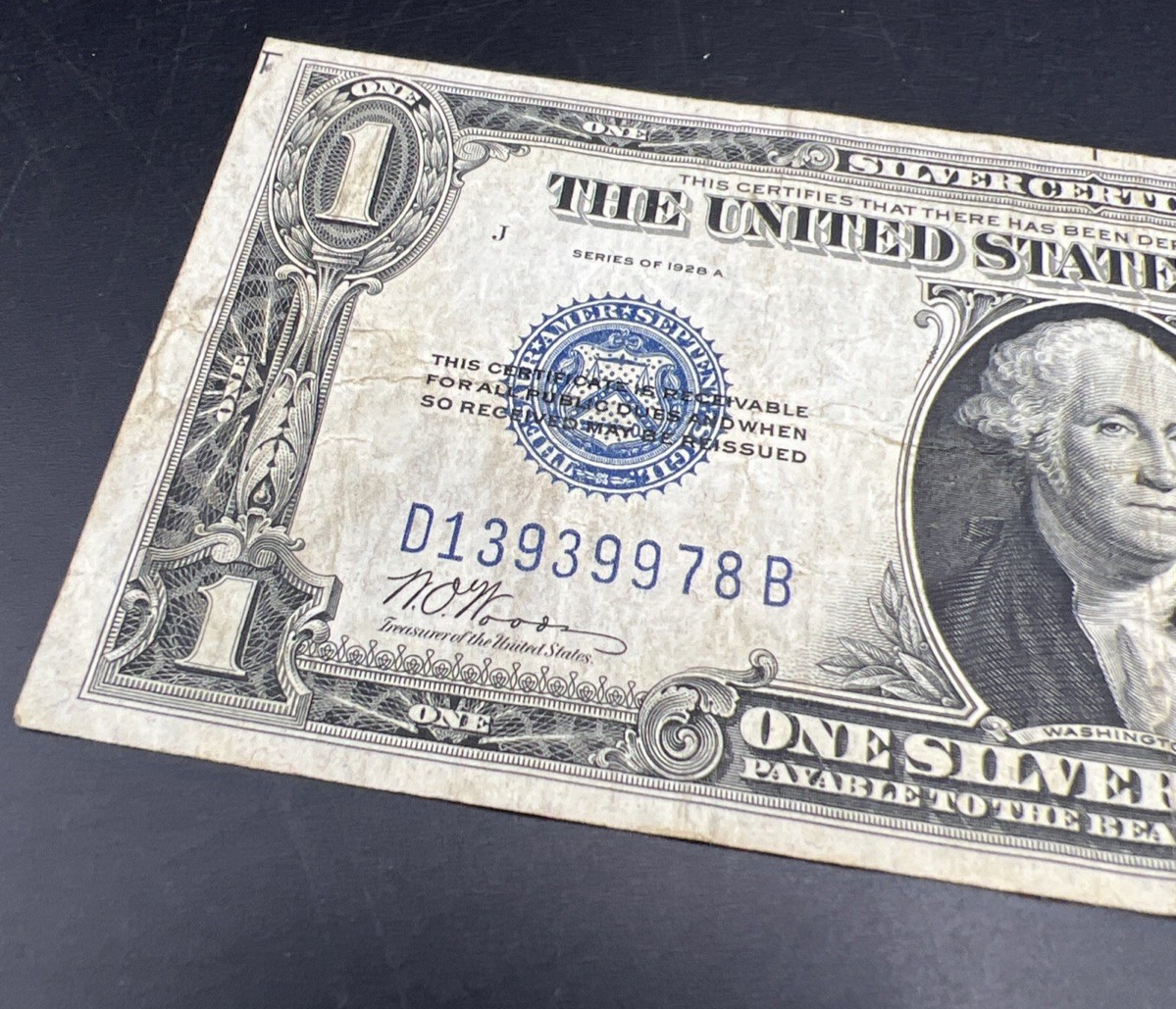 1928 A $1 One Dollar Funny Back US Silver Certificate Blue Seal Fine Circ #978
