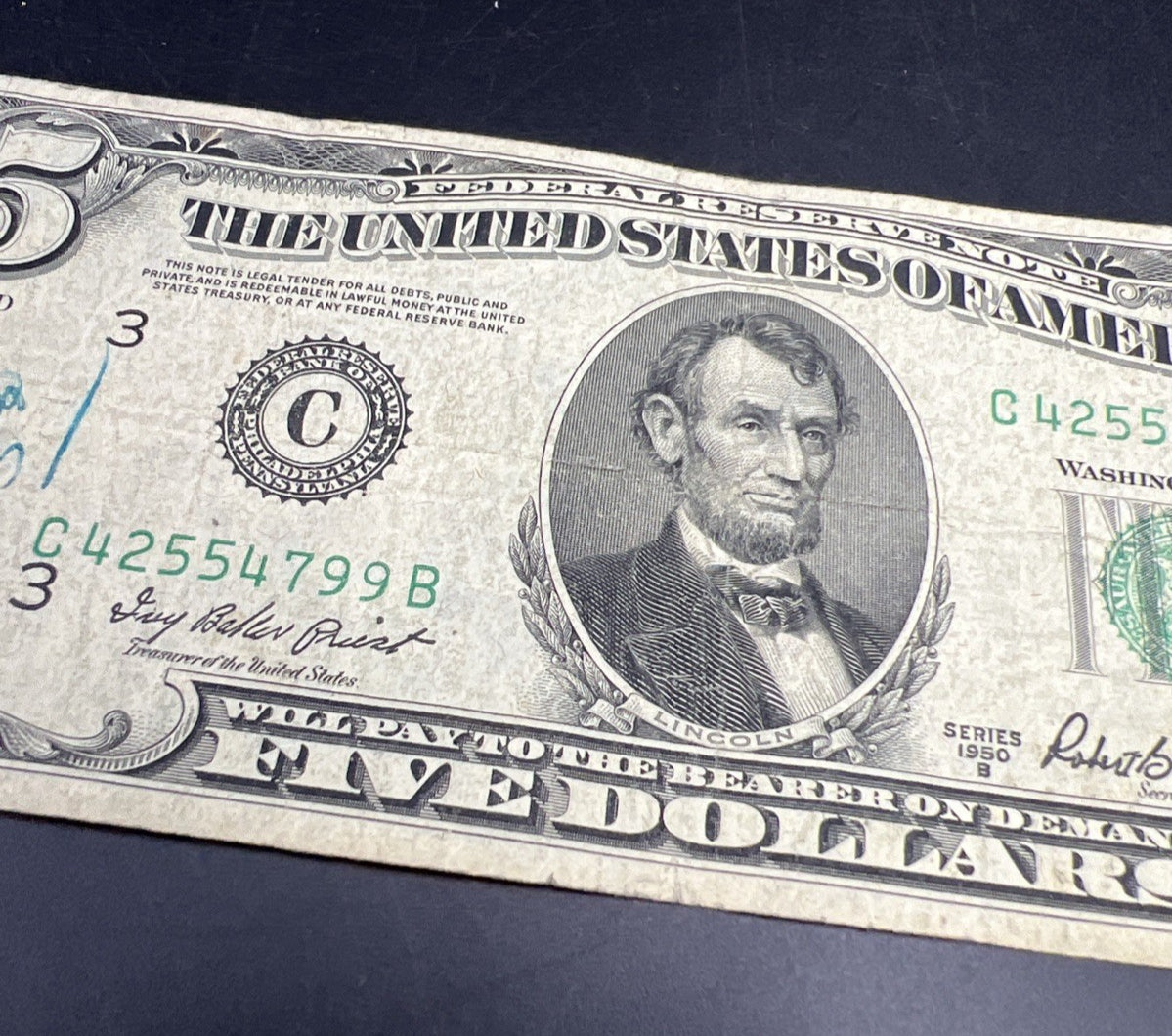 1950 B $5 FRN Federal Reserve Note VG Very Good Circ #799