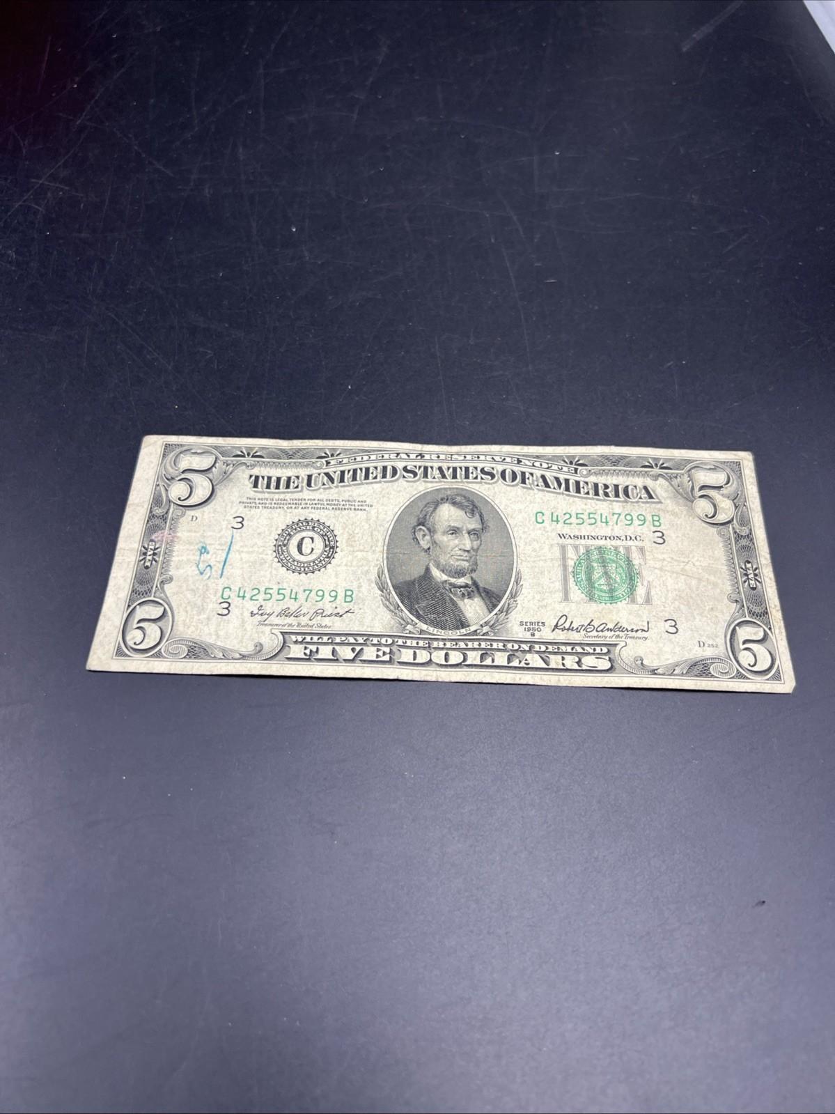 1950 B $5 FRN Federal Reserve Note VG Very Good Circ #799