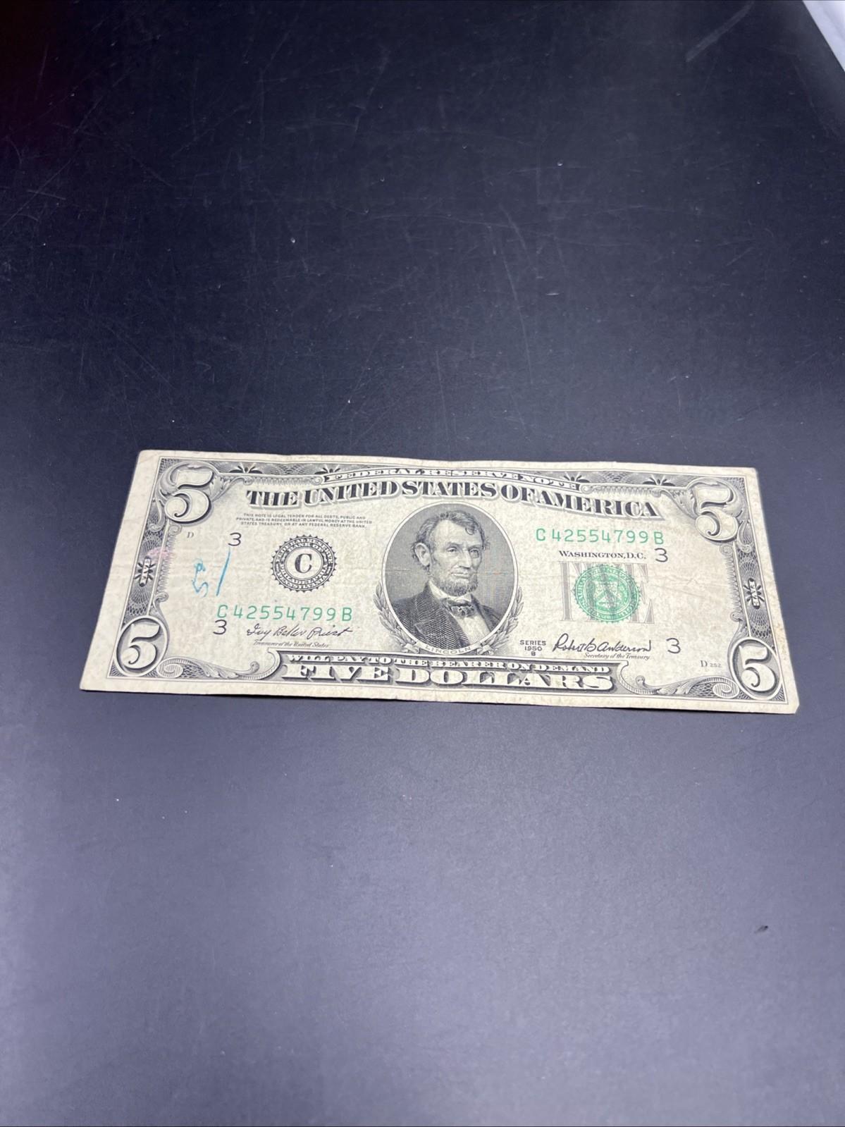 1950 B $5 FRN Federal Reserve Note VG Very Good Circ #799