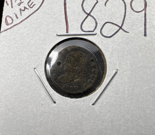 1829 Capped Bust Head Half Dime Coin VG / Fine Details Holed Toned