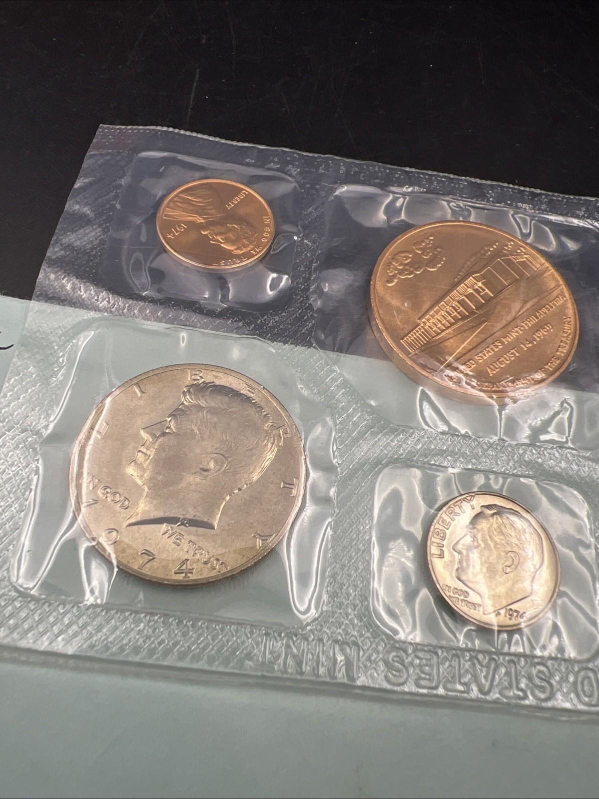 1974 P Denver Mint Souvenir Set Uncirculated Coins and Medal w/ used Envelope