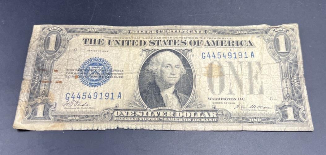 1928 $1 One Dollar Funny Back US Silver Certificate Blue Seal Cull Very Circ #91