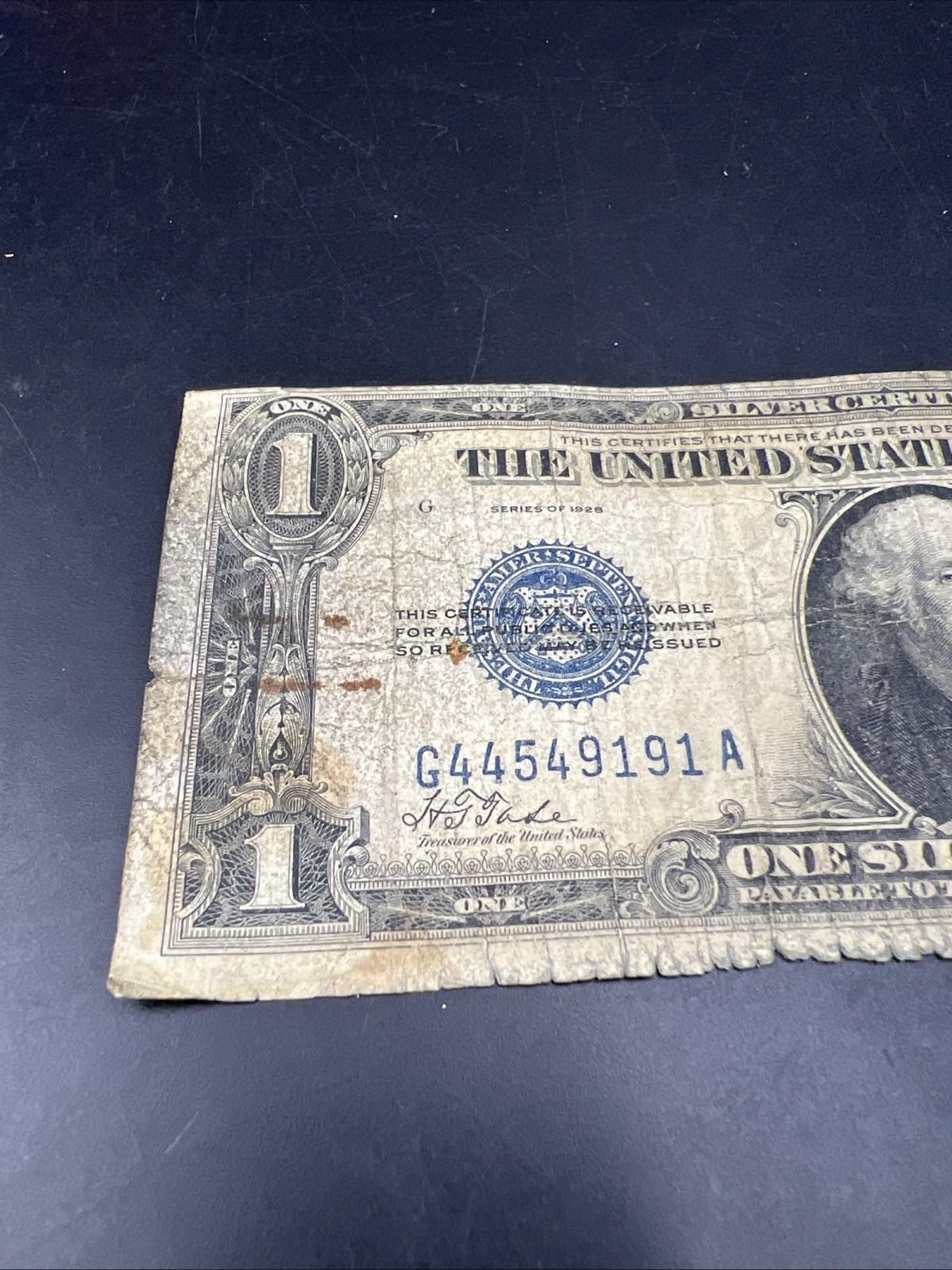 1928 $1 One Dollar Funny Back US Silver Certificate Blue Seal Cull Very Circ #91