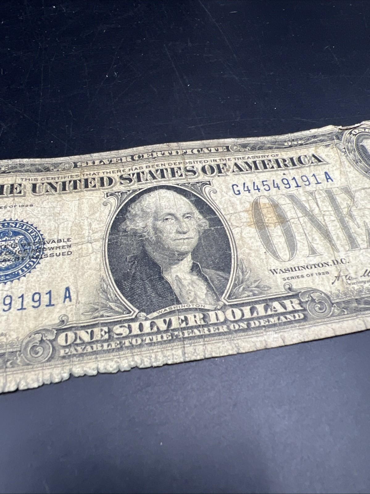 1928 $1 One Dollar Funny Back US Silver Certificate Blue Seal Cull Very Circ #91