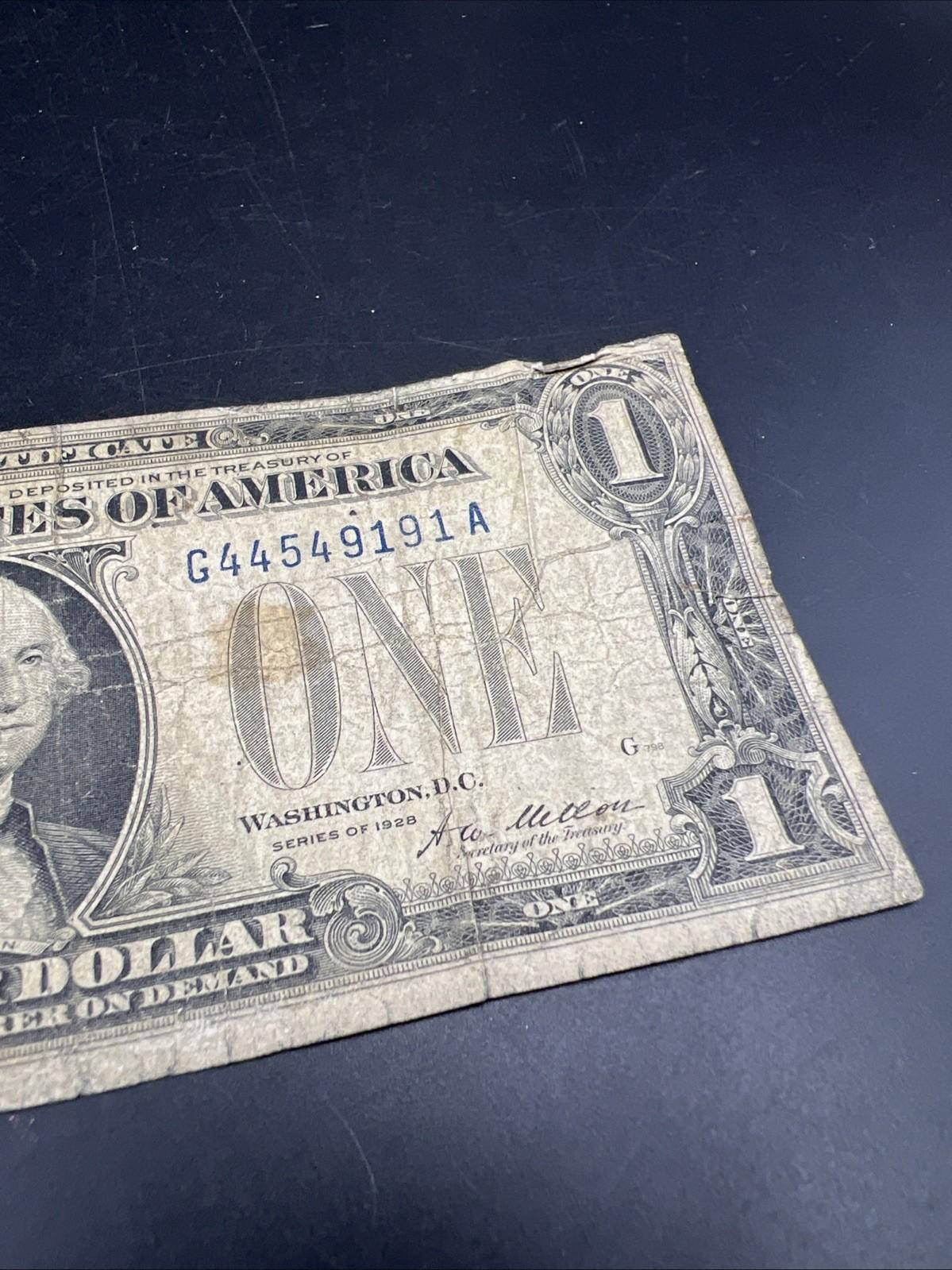 1928 $1 One Dollar Funny Back US Silver Certificate Blue Seal Cull Very Circ #91