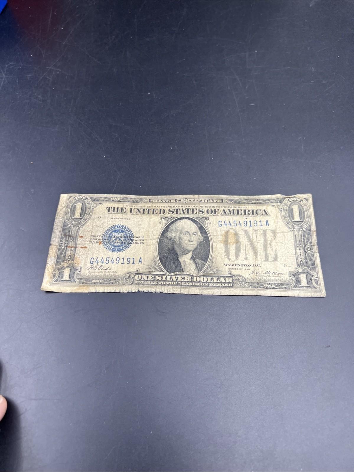 1928 $1 One Dollar Funny Back US Silver Certificate Blue Seal Cull Very Circ #91