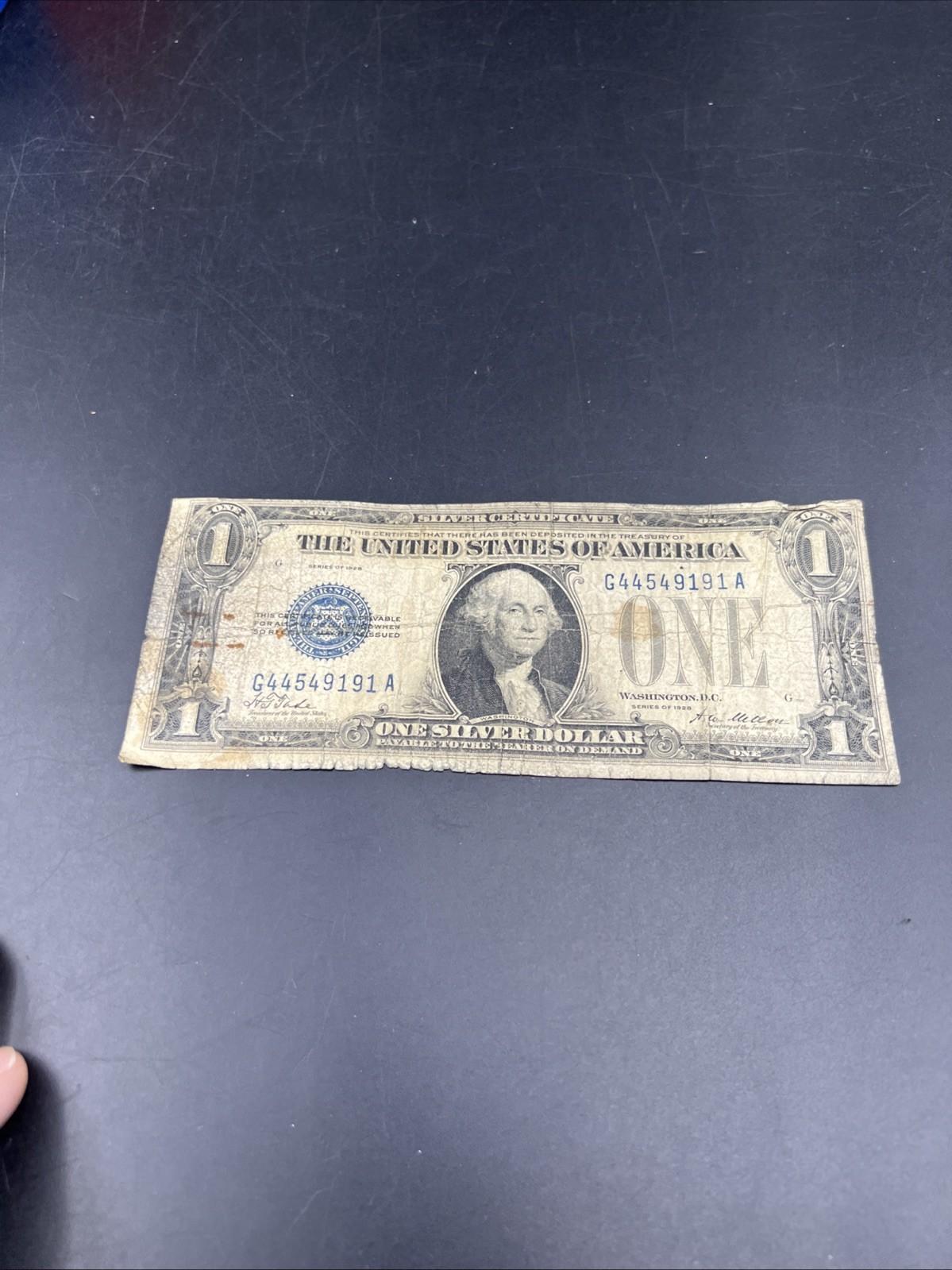 1928 $1 One Dollar Funny Back US Silver Certificate Blue Seal Cull Very Circ #91