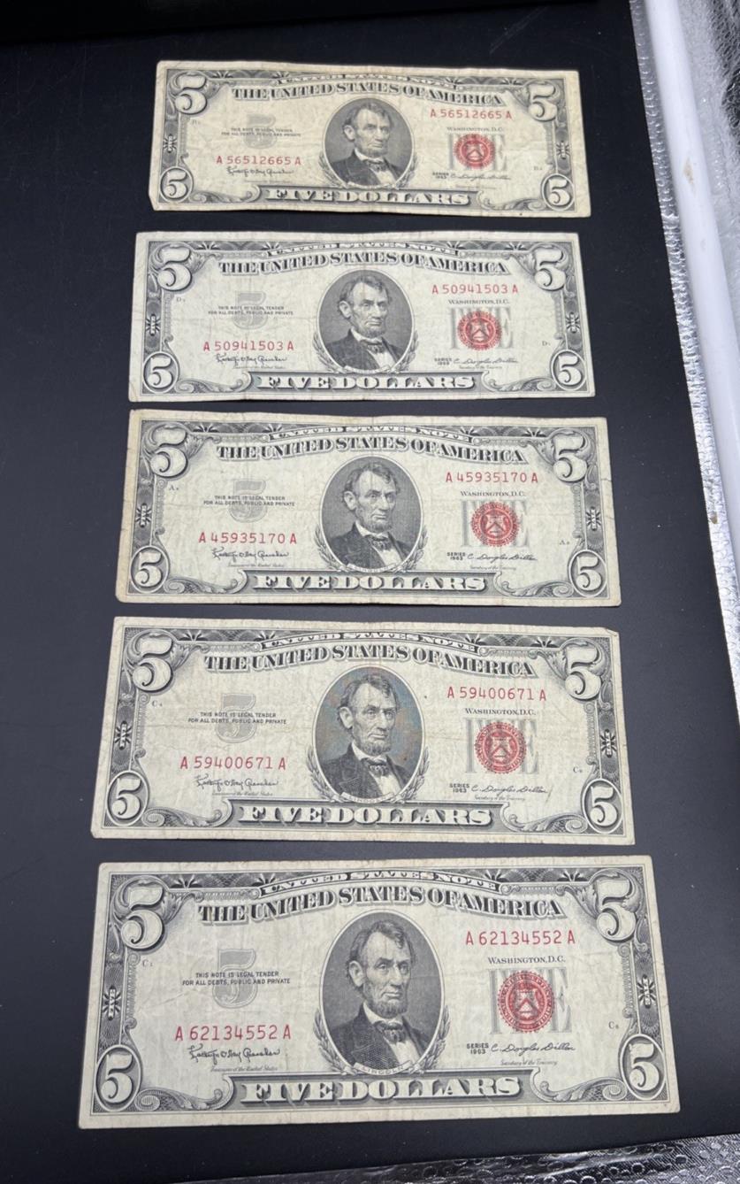 Lot of 5 1963 $5 Legal Tender United States Notes Red Seals VG  / Fine #552
