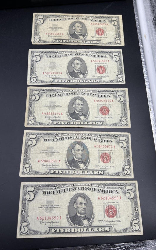Lot of 5 1963 $5 Legal Tender United States Notes Red Seals VG  / Fine #552