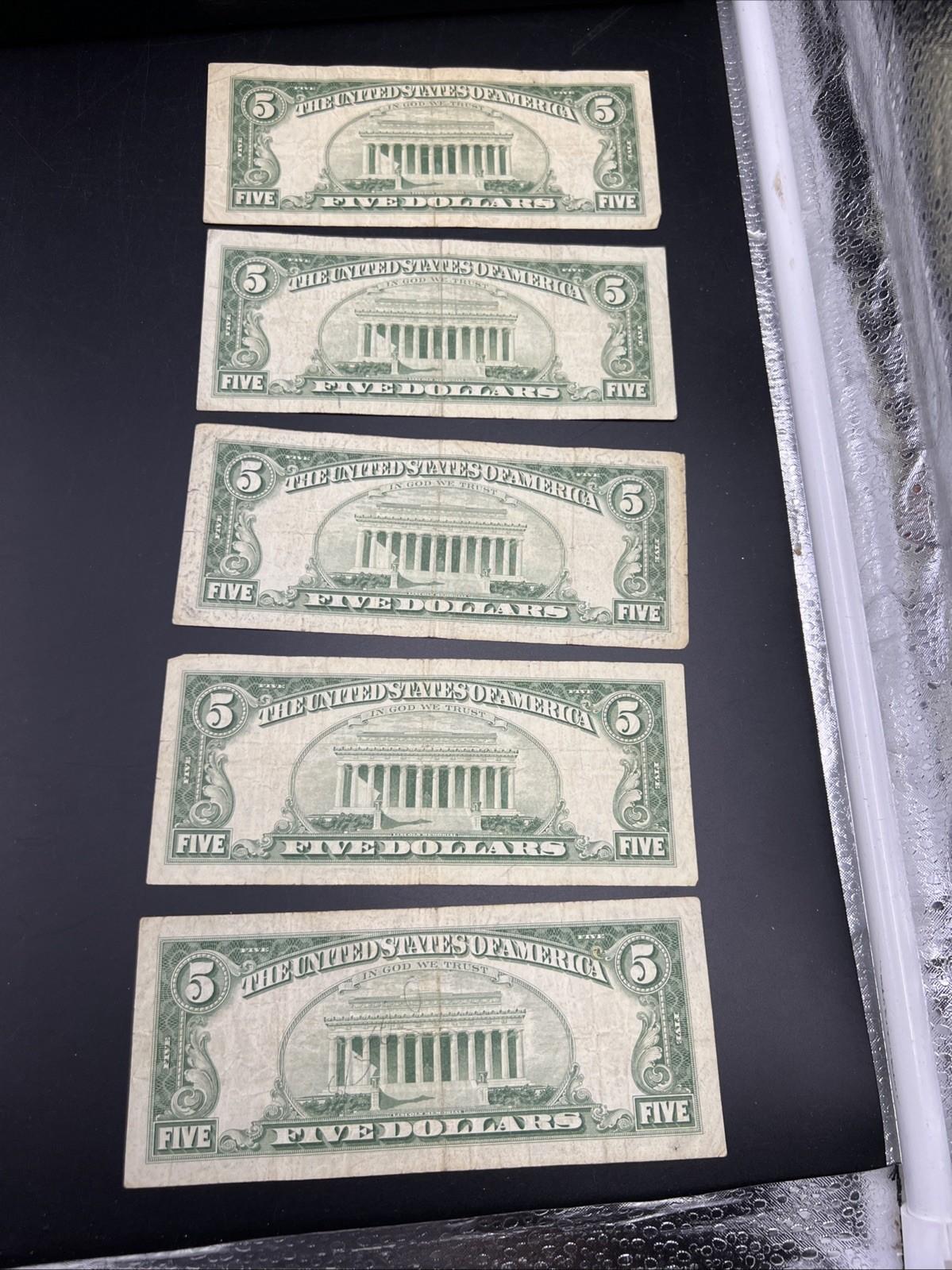 Lot of 5 1963 $5 Legal Tender United States Notes Red Seals VG  / Fine #552