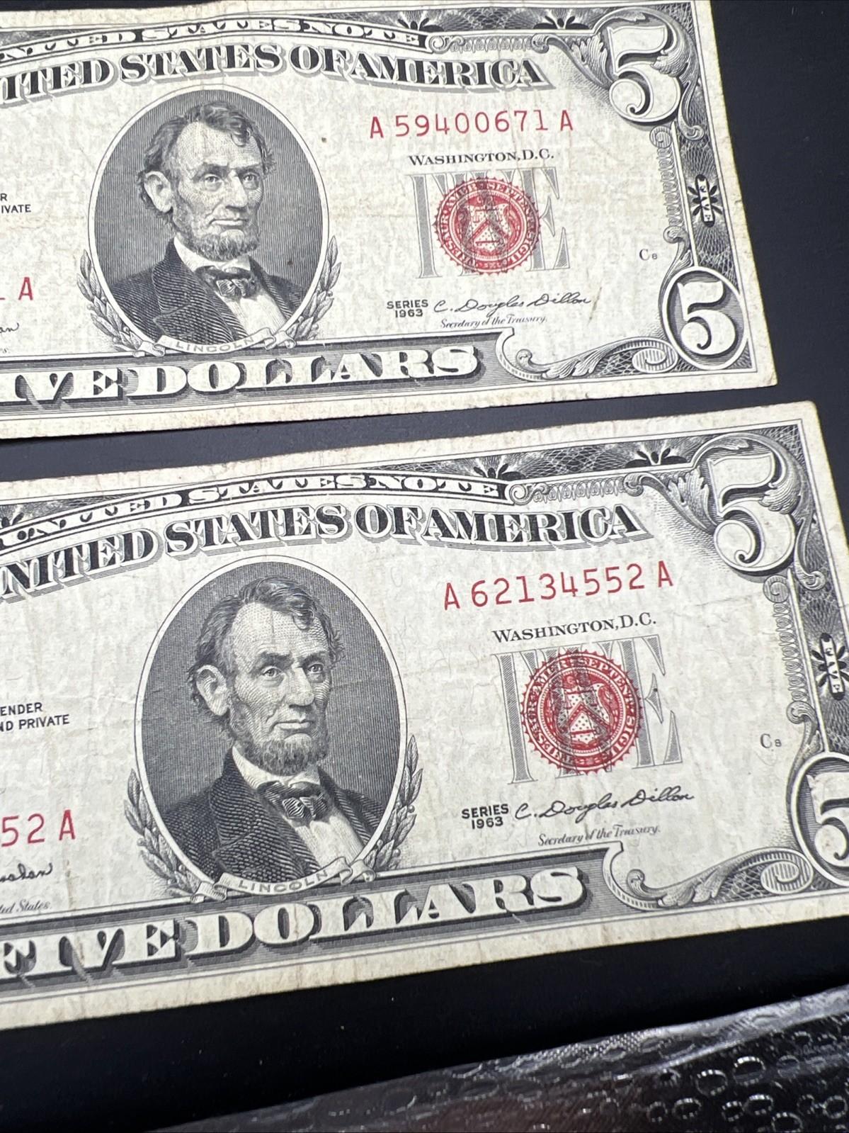 Lot of 5 1963 $5 Legal Tender United States Notes Red Seals VG  / Fine #552