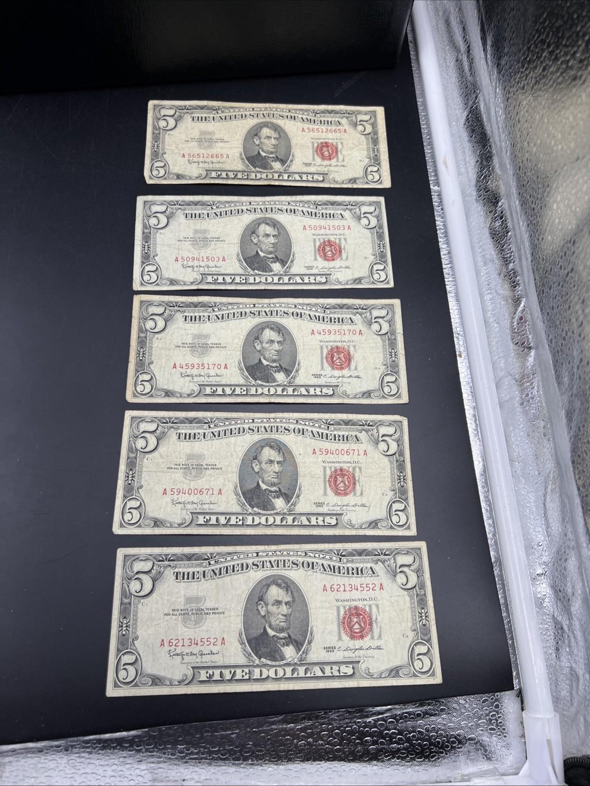 Lot of 5 1963 $5 Legal Tender United States Notes Red Seals VG  / Fine #552