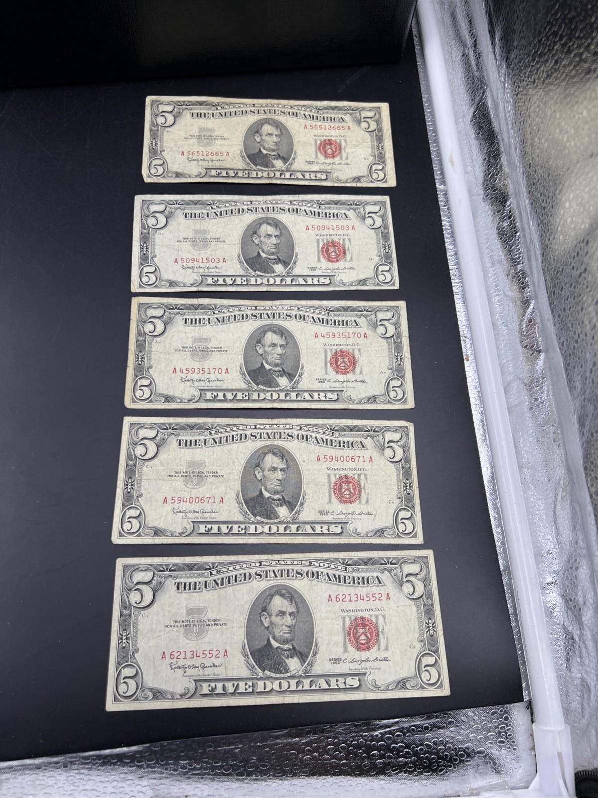 Lot of 5 1963 $5 Legal Tender United States Notes Red Seals VG  / Fine #552
