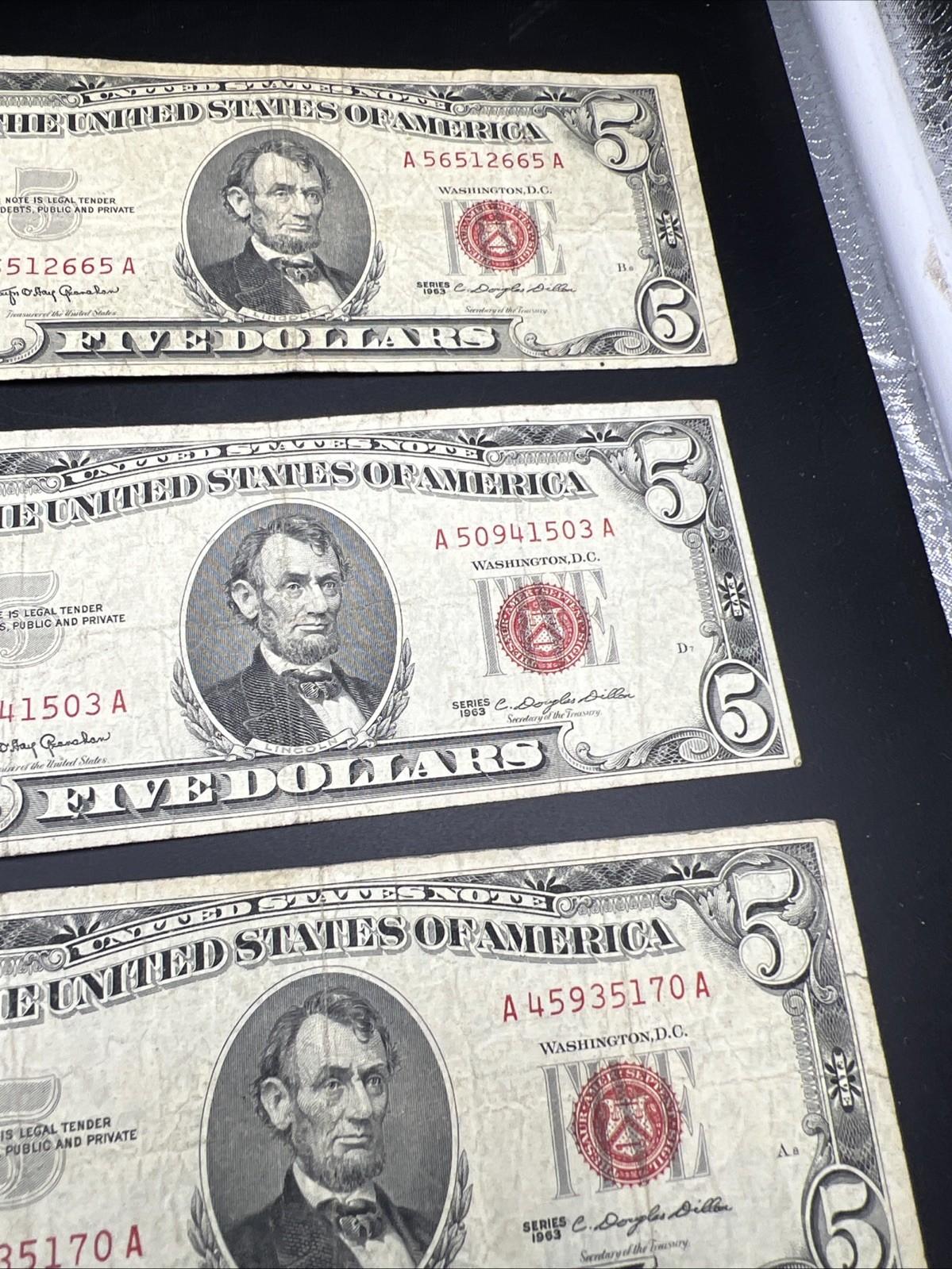 Lot of 5 1963 $5 Legal Tender United States Notes Red Seals VG  / Fine #552