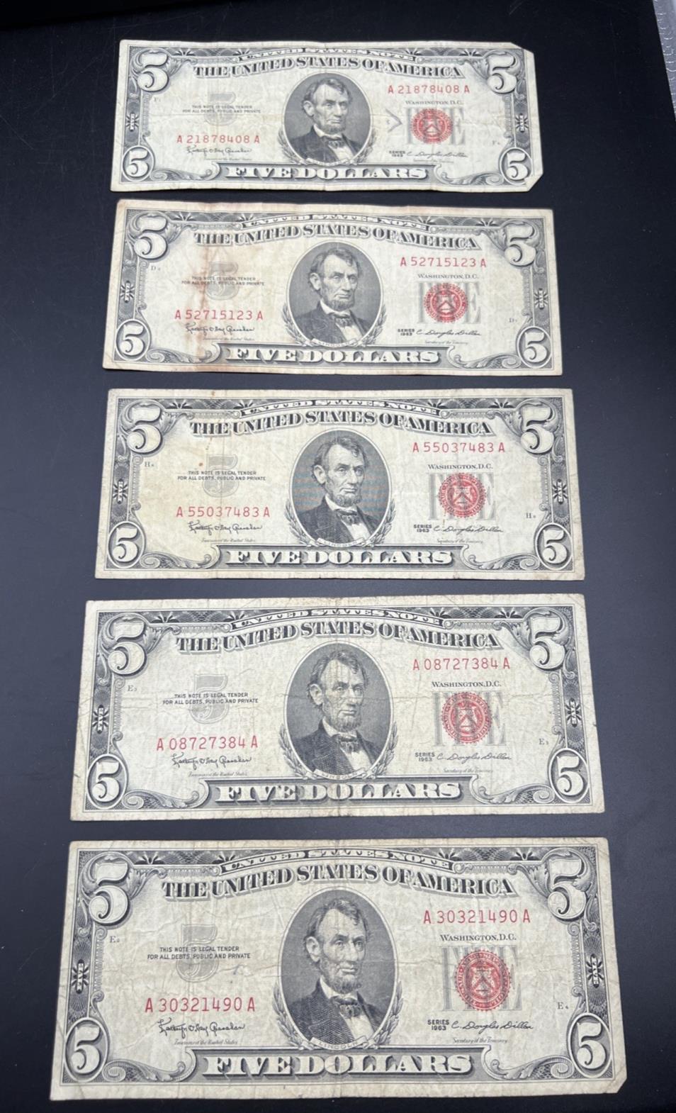 Lot of 5 1963 $5 Legal Tender United States Notes Red Seals Very Circ #490
