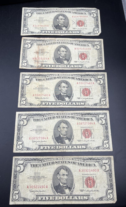 Lot of 5 1963 $5 Legal Tender United States Notes Red Seals Very Circ #490