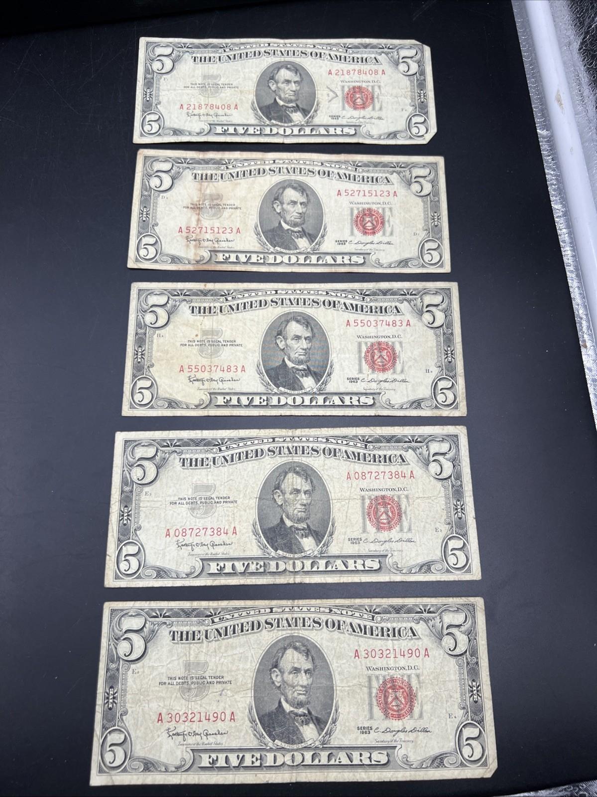 Lot of 5 1963 $5 Legal Tender United States Notes Red Seals Very Circ #490
