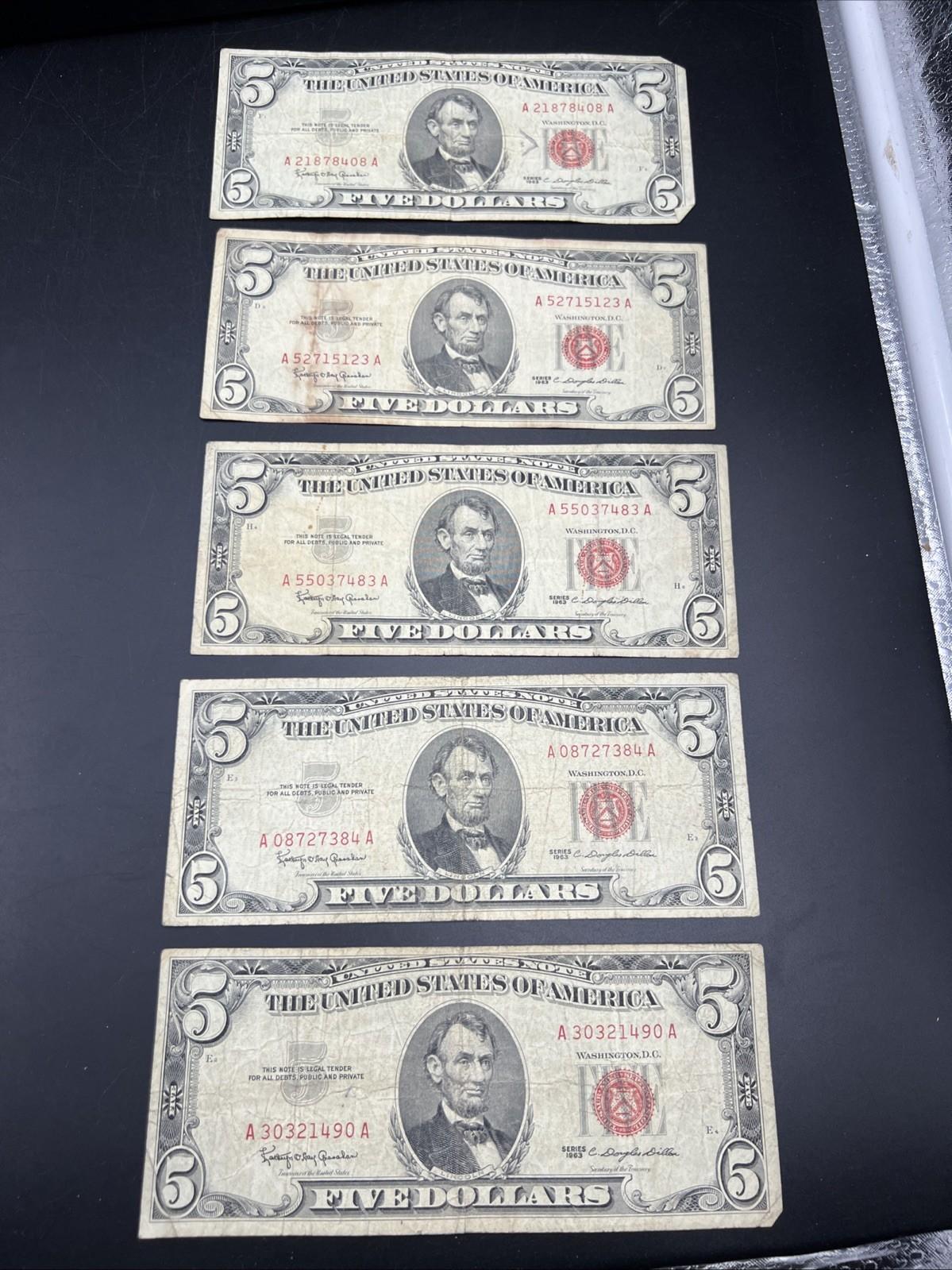 Lot of 5 1963 $5 Legal Tender United States Notes Red Seals Very Circ #490