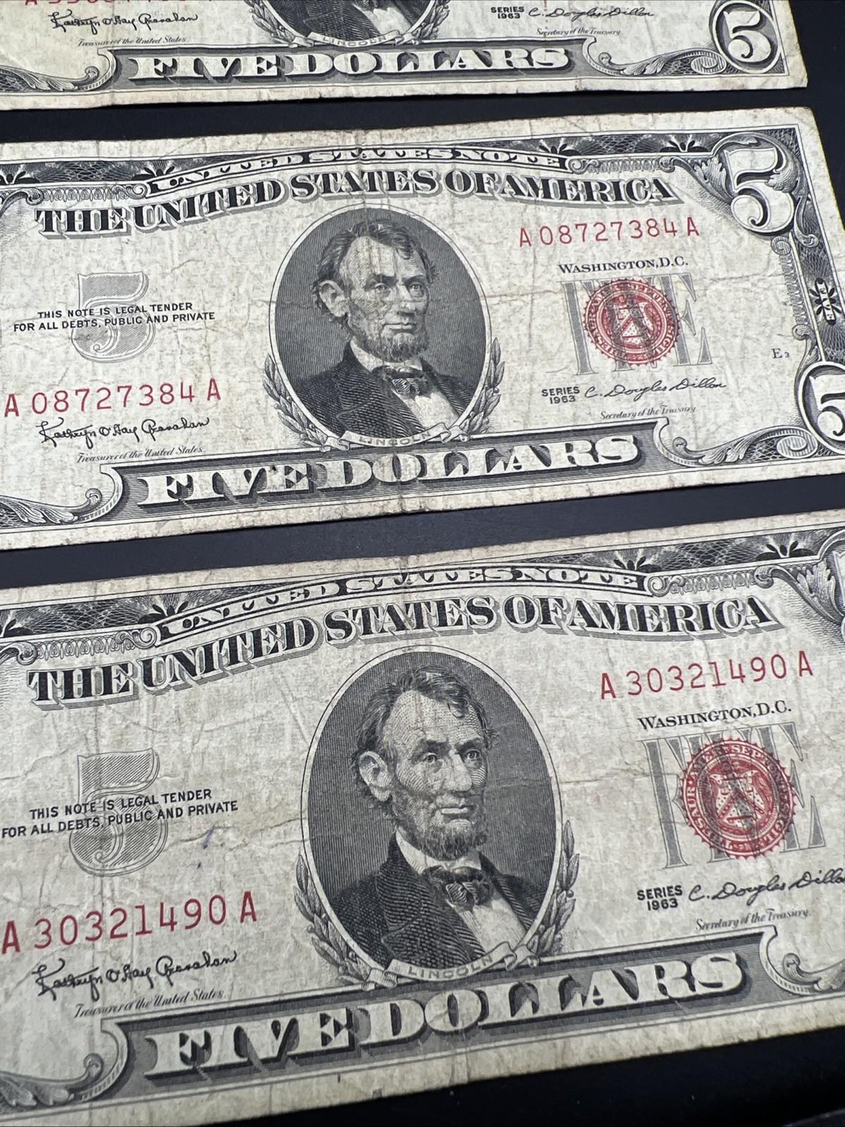 Lot of 5 1963 $5 Legal Tender United States Notes Red Seals Very Circ #490