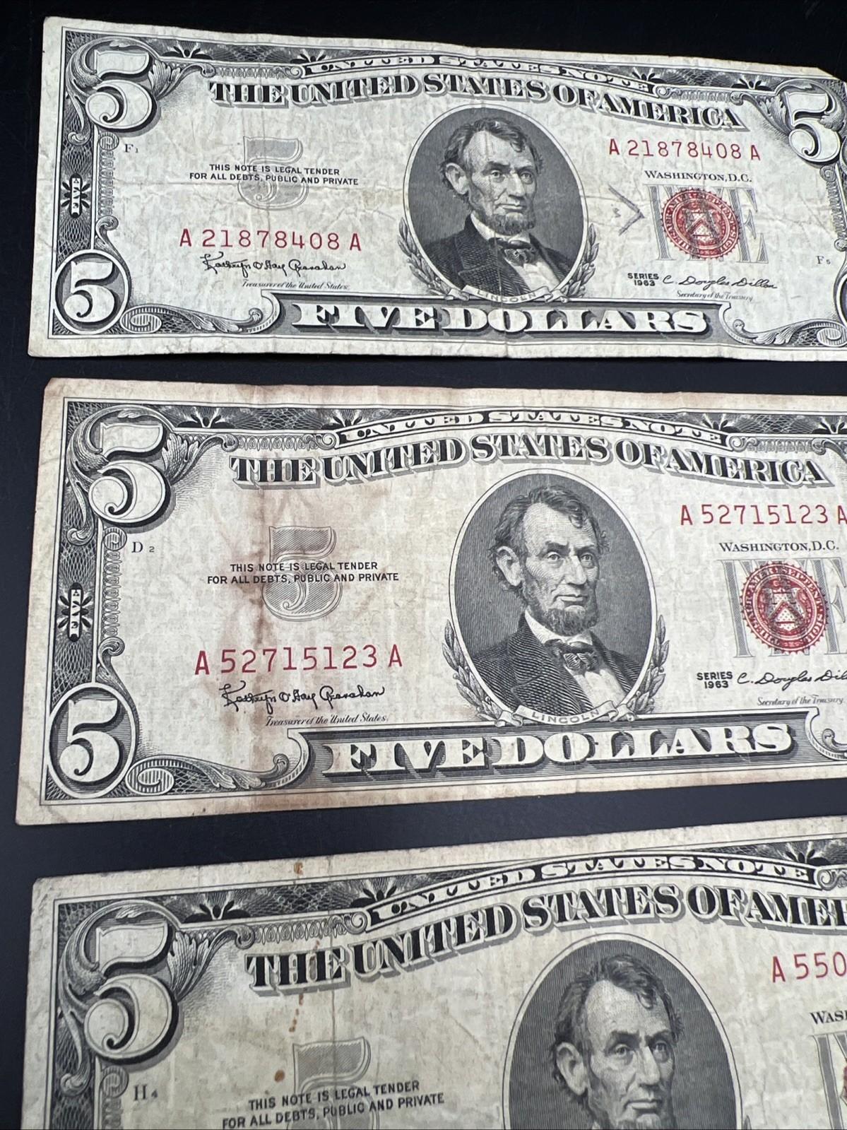 Lot of 5 1963 $5 Legal Tender United States Notes Red Seals Very Circ #490