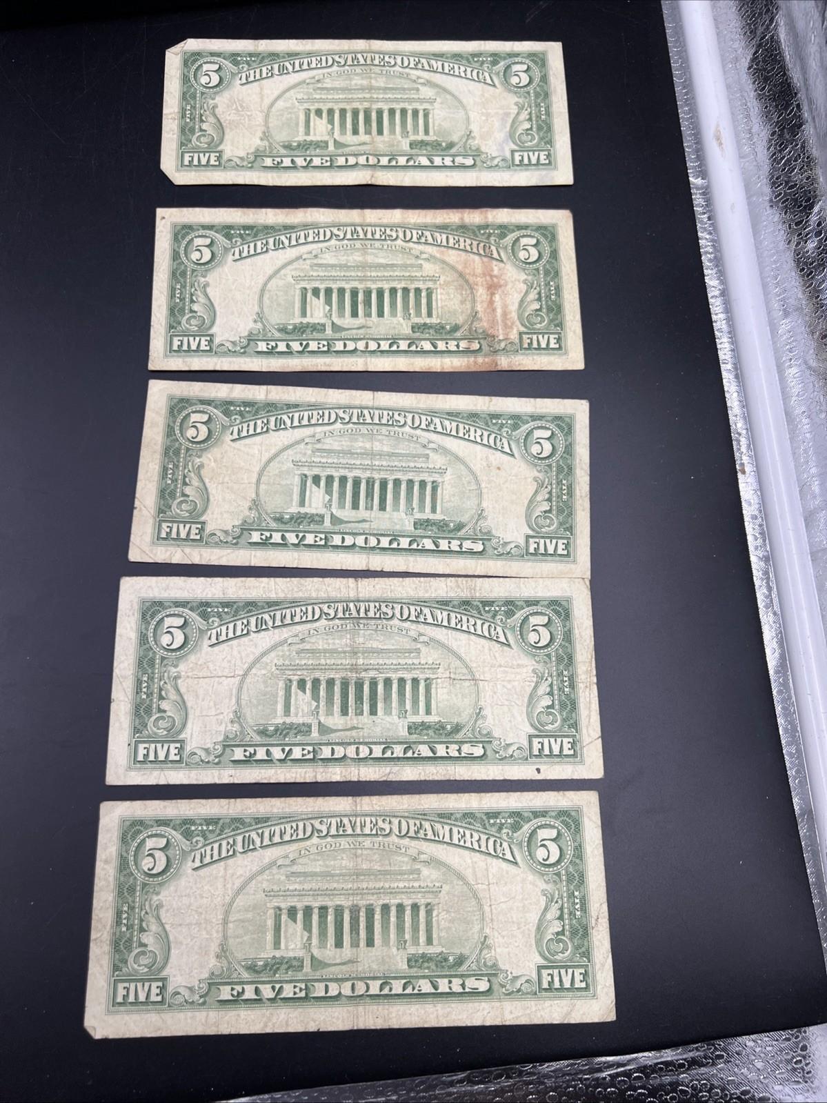 Lot of 5 1963 $5 Legal Tender United States Notes Red Seals Very Circ #490