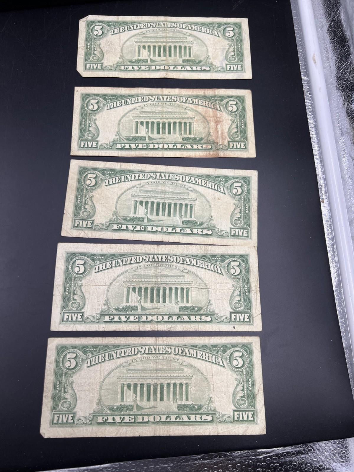 Lot of 5 1963 $5 Legal Tender United States Notes Red Seals Very Circ #490