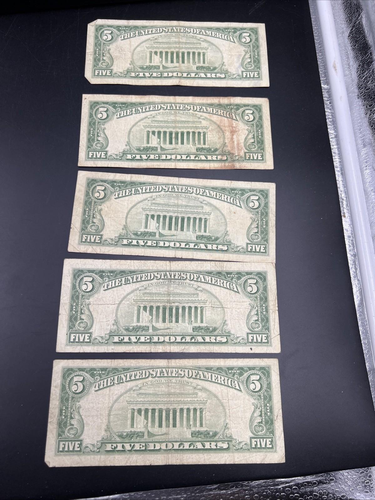 Lot of 5 1963 $5 Legal Tender United States Notes Red Seals Very Circ #490