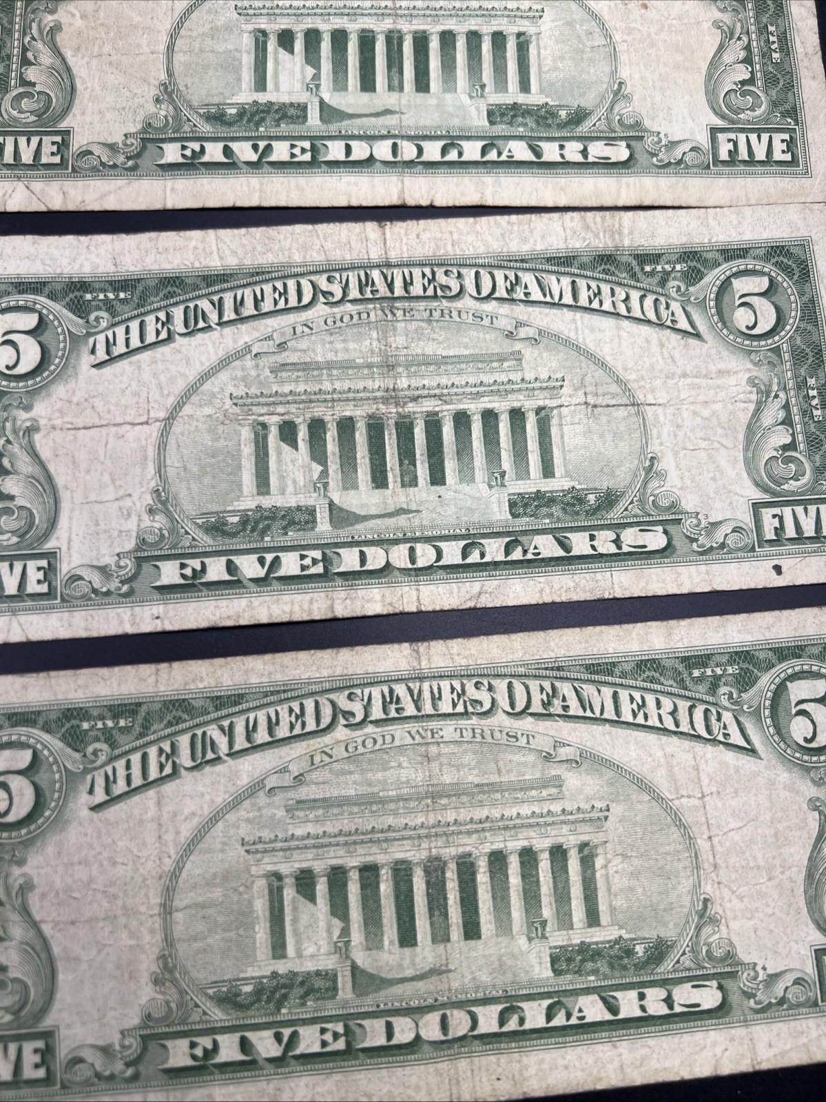 Lot of 5 1963 $5 Legal Tender United States Notes Red Seals Very Circ #490