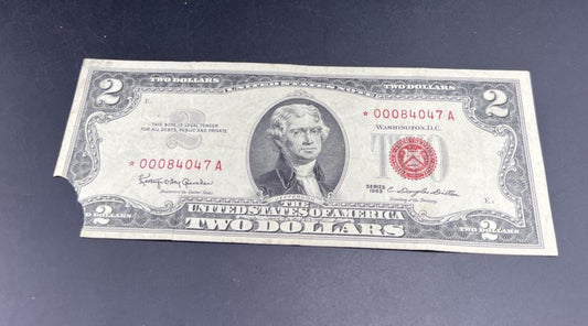 1963 $2 * Star Two Dollar USN United States Note VF Details Corner Tear #047