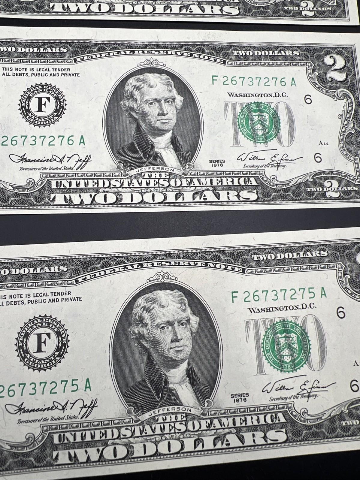 5 Consecutive 1976 $2 Two Dollar FRN Bicentennial Federal Reserve Notes CH UNC #