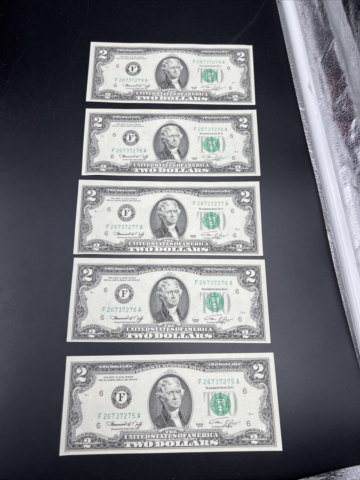 5 Consecutive 1976 $2 Two Dollar FRN Bicentennial Federal Reserve Notes CH UNC #