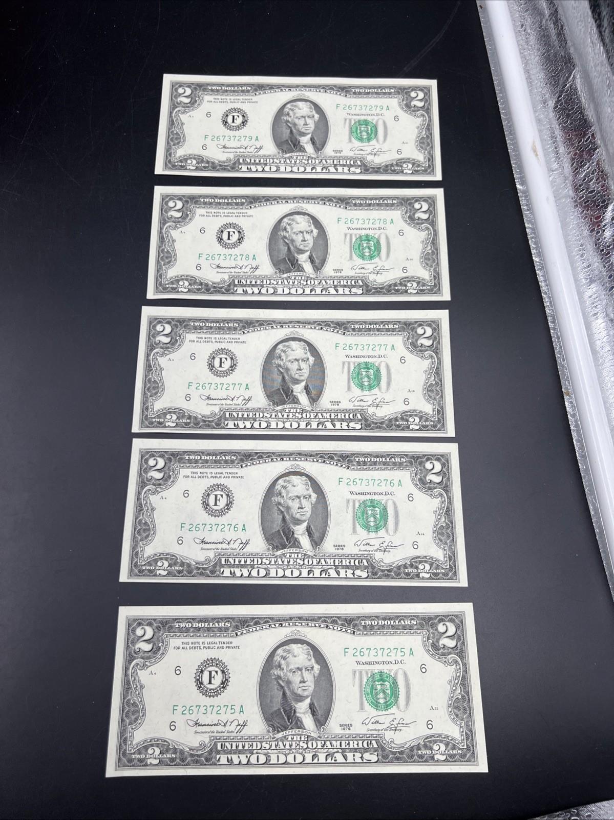 5 Consecutive 1976 $2 Two Dollar FRN Bicentennial Federal Reserve Notes CH UNC #