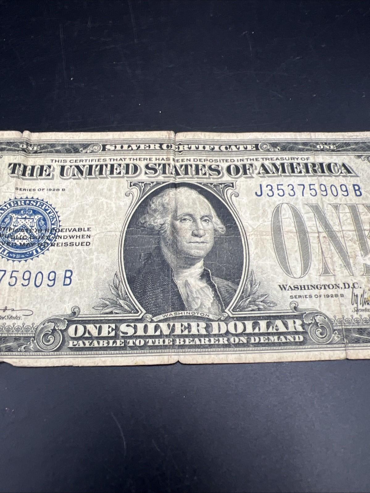 1928 $1 One Dollar Funny Back US Silver Certificate Blue Seal Cull Very Circ #09
