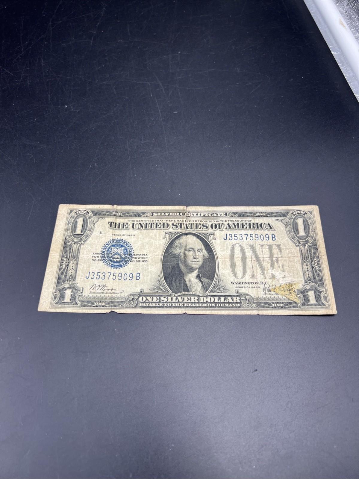1928 $1 One Dollar Funny Back US Silver Certificate Blue Seal Cull Very Circ #09