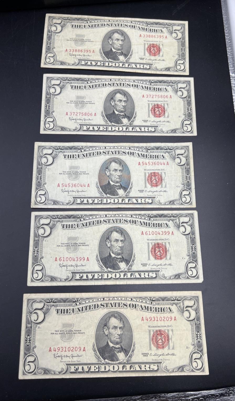 Lot of 5 1963 $5 Legal Tender United States Notes Red Seals CH Fine #209