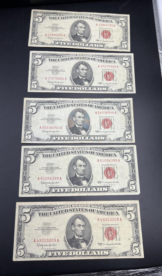 Lot of 5 1963 $5 Legal Tender United States Notes Red Seals CH Fine #209
