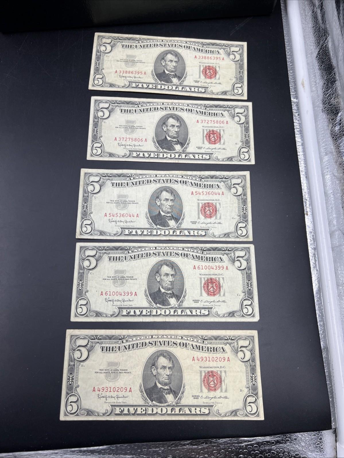 Lot of 5 1963 $5 Legal Tender United States Notes Red Seals CH Fine #209