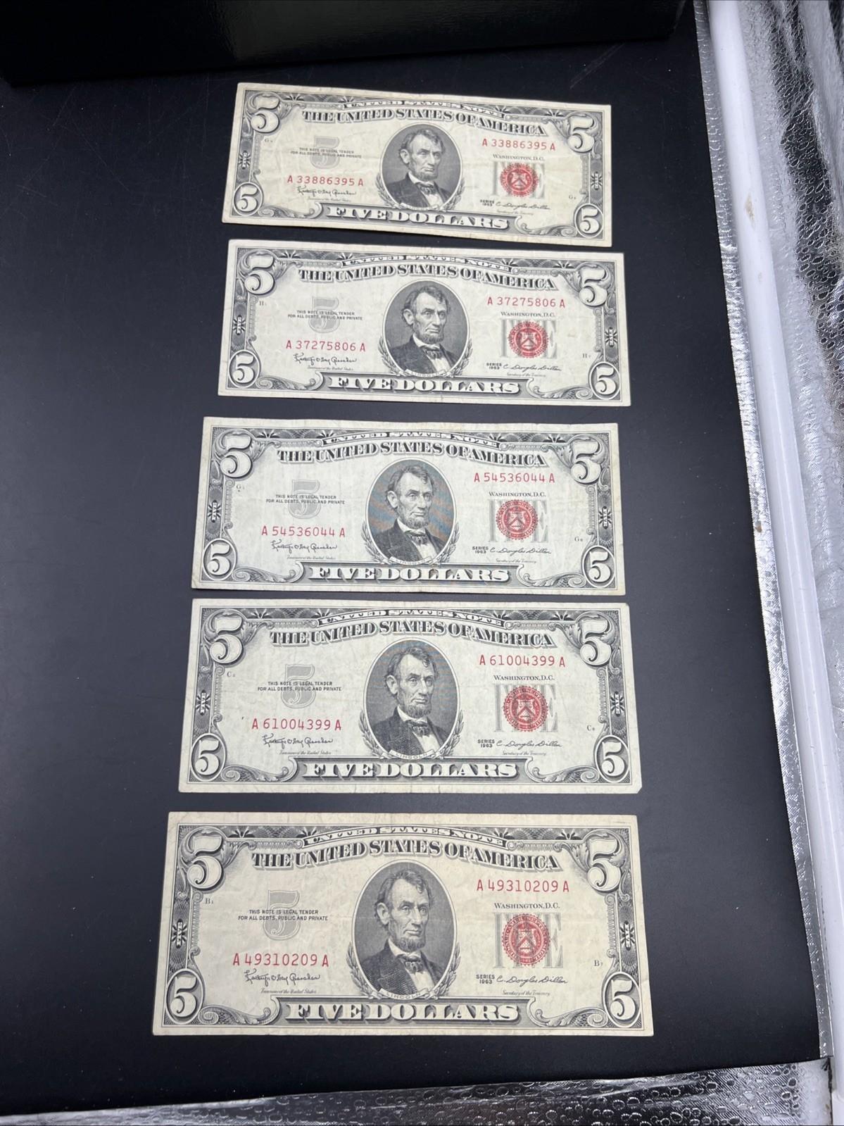 Lot of 5 1963 $5 Legal Tender United States Notes Red Seals CH Fine #209