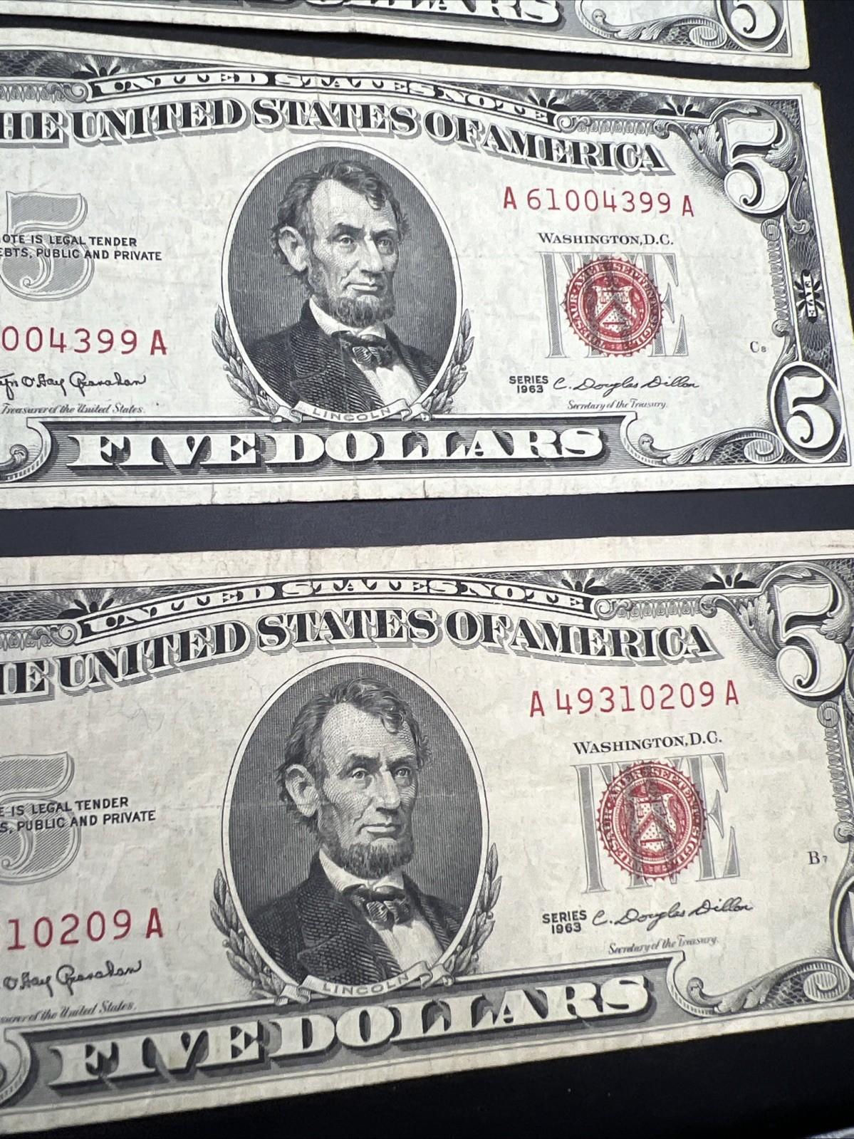 Lot of 5 1963 $5 Legal Tender United States Notes Red Seals CH Fine #209