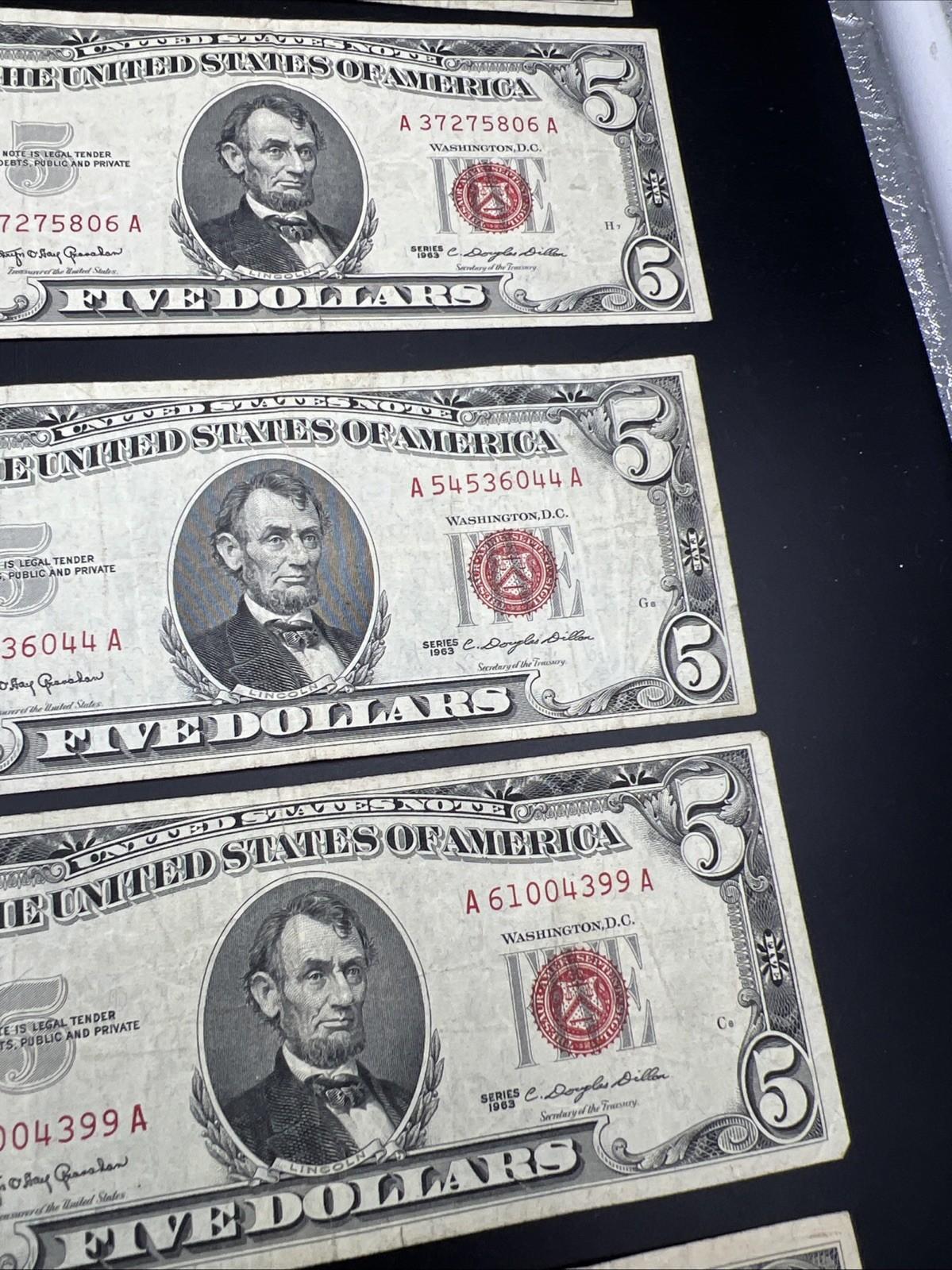 Lot of 5 1963 $5 Legal Tender United States Notes Red Seals CH Fine #209