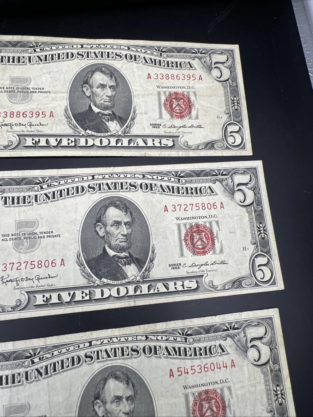 Lot of 5 1963 $5 Legal Tender United States Notes Red Seals CH Fine #209