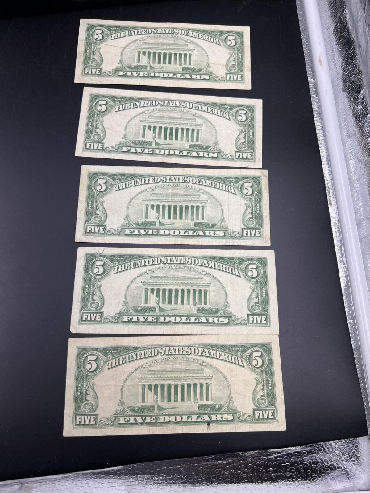 Lot of 5 1963 $5 Legal Tender United States Notes Red Seals CH Fine #209