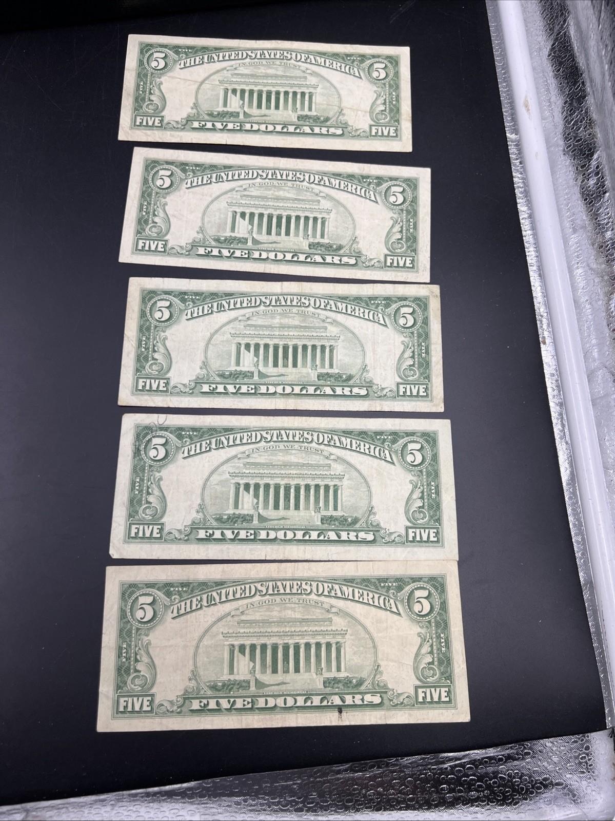 Lot of 5 1963 $5 Legal Tender United States Notes Red Seals CH Fine #209