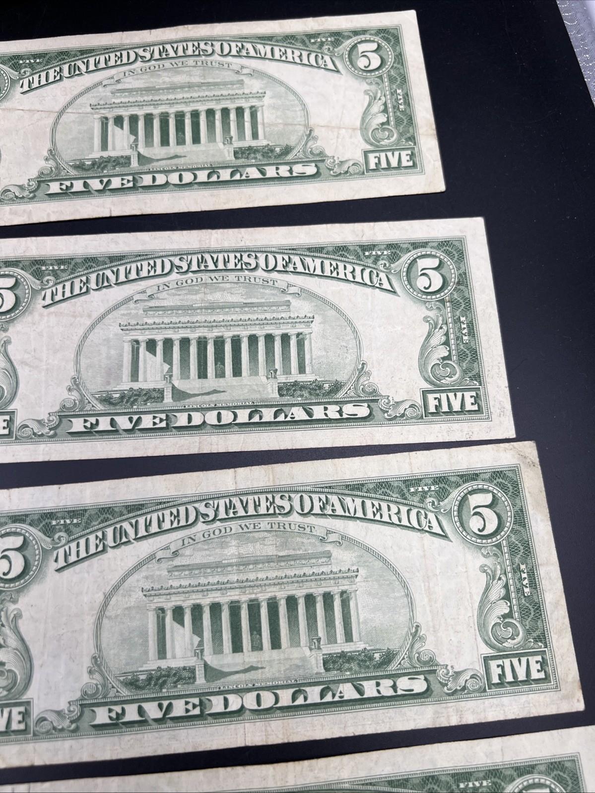 Lot of 5 1963 $5 Legal Tender United States Notes Red Seals CH Fine #209