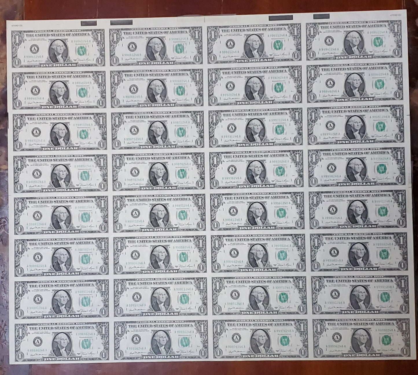 Uncut Currency Sheet of 32 Notes $1 Dollar Bills 1981 FRN Souvenir Sheet CH AU