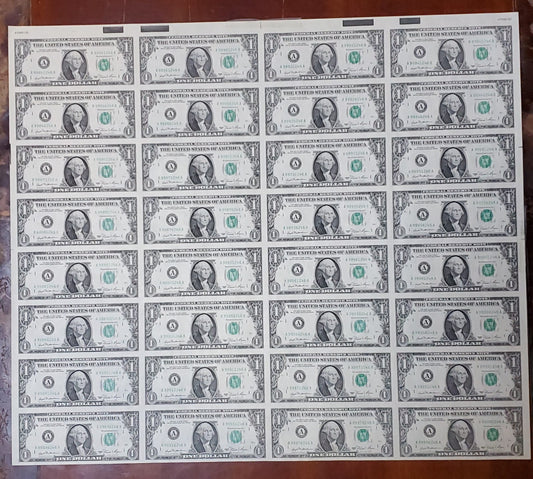 Uncut Currency Sheet of 32 Notes $1 Dollar Bills 1981 FRN Souvenir Sheet CH AU